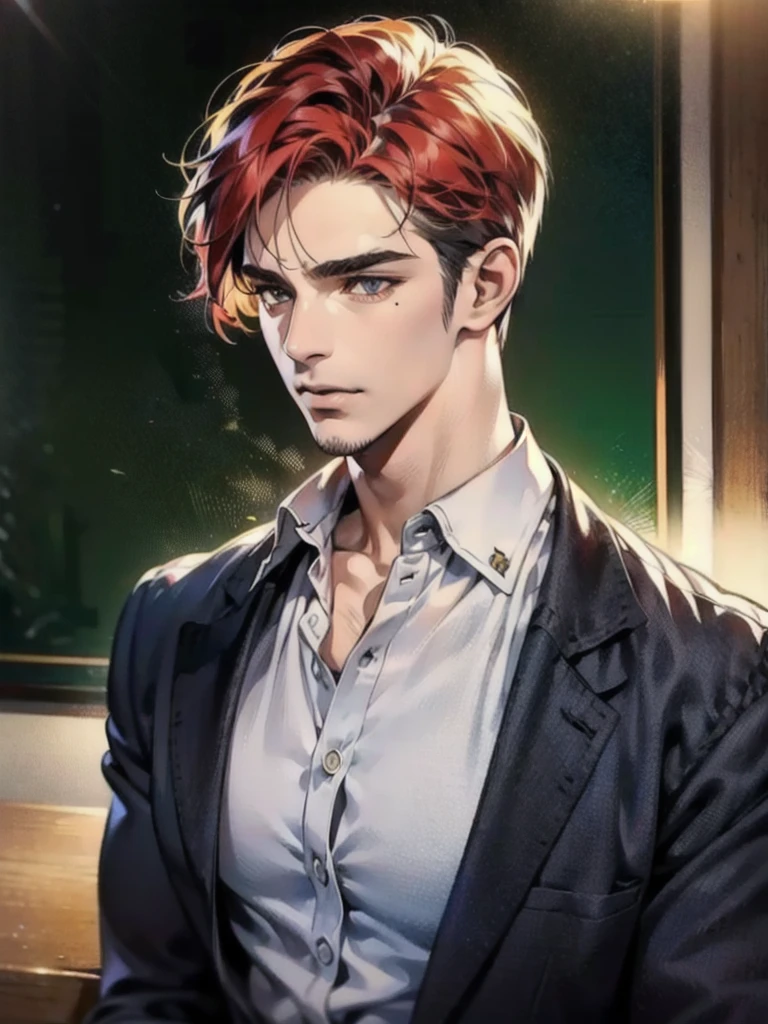 a 35 year old man ((red short hair)), grey eyes, moles all over the body, wearing an official uniform, portrayal of masculinity, teacher, medic, (best quality,4k,8k,highres,masterpiece:1.2),ultra-detailed,(realistic,photorealistic,photo-realistic:1.37),cinematic lighting,highly detailed face and body,sharp focus,vivid colors, anime style