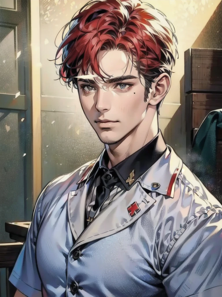 a 35 year old man ((red short hair)), grey eyes, moles all over the body, wearing an official uniform, portrayal of masculinity, teacher, medic, (best quality,4k,8k,highres,masterpiece:1.2),ultra-detailed,(realistic,photorealistic,photo-realistic:1.37),cinematic lighting,highly detailed face and body,sharp focus,vivid colors, anime style