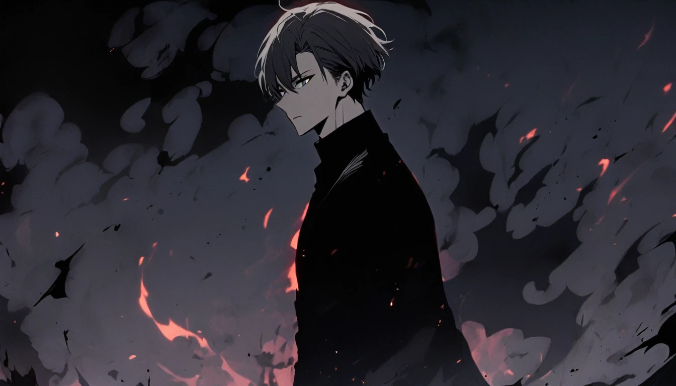Handsome, alone, male, Short hair,, Dark gray hair, black eyes, black shirt, black pants, Black coat, black flame