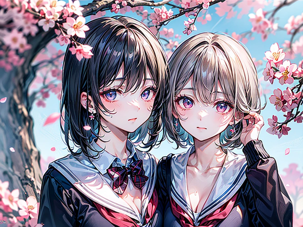 (Best quality, 8k, 32k, Masterpiece, UHD,:1.2),RAW, 2girls,ultra cute , natural lighting,transparent shining eyes, 20yo,medium breast ,fair complexion ,flushed face,dynamic Lighting,Under the cherry blossoms,ateenage girl looks up atthe tree with aserene expression, her eyes reflecting the joy of past days and the sadness oftimes that will never return.The scene is set during the peak o fcherry blossom season, with petals gently falling around her, symbolizing the fleeting nature of time and memories,((school uniform)), short and medium hair, Cleavage, Side braid