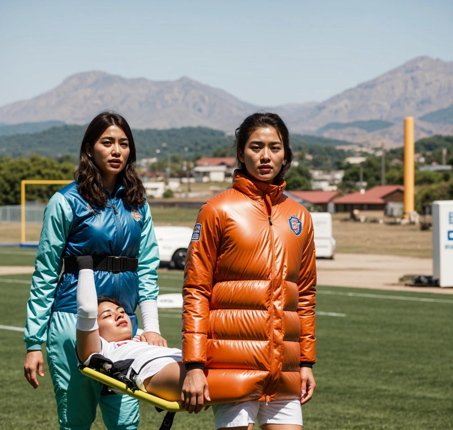 There are two madeup women carrying a stretcher, there is a woman in a wetlook laquered downcoat, a woman in a high-shine downcoat, there is a greyhaired woman in a red leather-suit, there is a man on a stretcher being carried by two very madeup women, there is a bearded soccer-player lying on a stretcher, there is a soccer-player on a stretcher with one hand over his face, a soccer-player is lying aon a stretcher and has put one hand over his face, football hooligans, injured, good graphic, warm sunshine, very professional, very sad, 2717433015, 3 4 5 3 1, 555400831, viral photo, photo shot, interesting composition, adventure playground accident, two women standing next to each other on a field, future inflatable jacket, [ realistic photo ]!!, still from a live action movie, kim hyun joo, realistic movie still, 2 d cg, inspired by Kim Tschang Yeul, inspired by Sim Sa-jeong, movie still 8 k, on a football field, high drama, photorealistic movie still, highlight