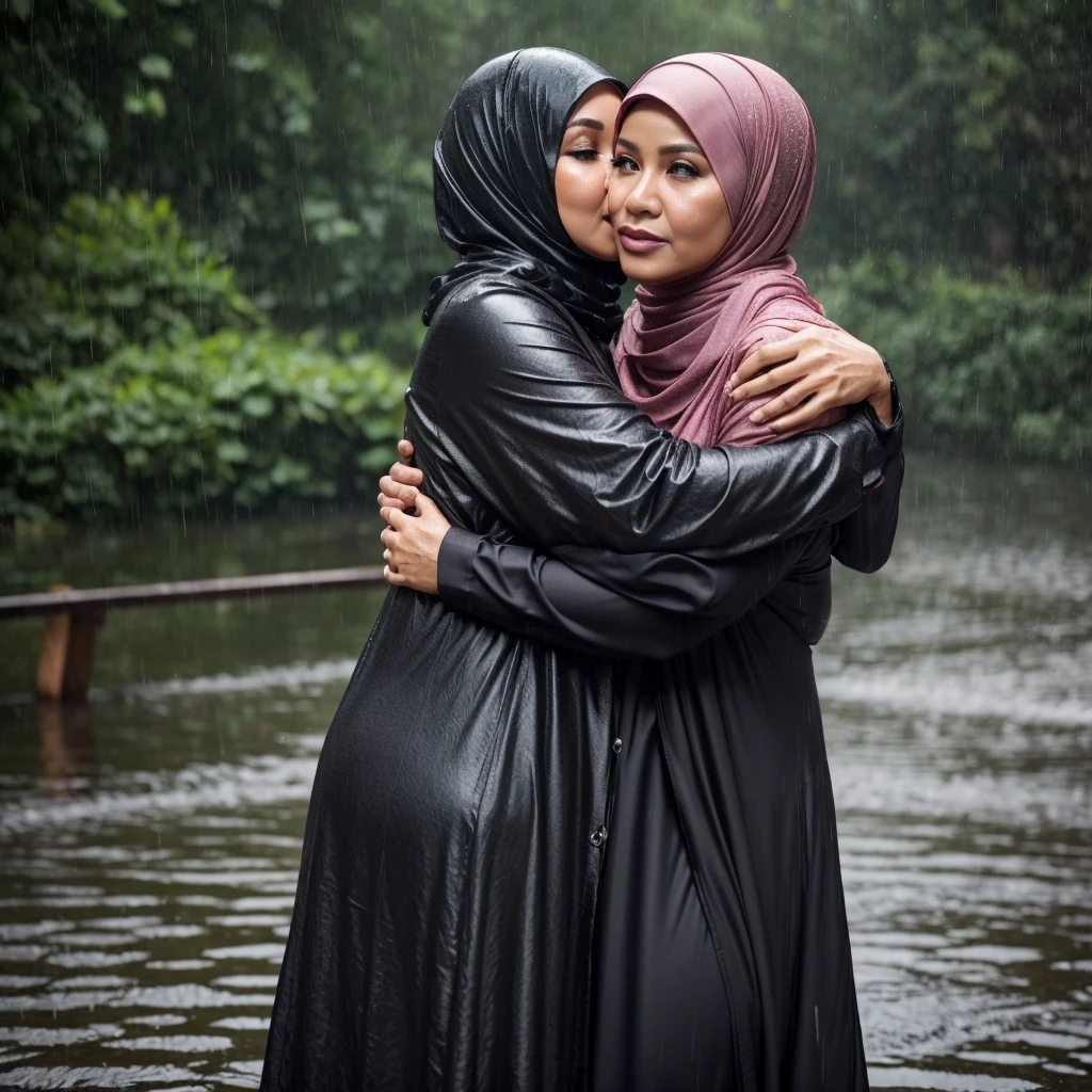 Hijab, 59-year-old mother, very skinny body, big breasts playing in very deep flood water, Playing in flood waters with his 15-year-old daughter, white lace, smile