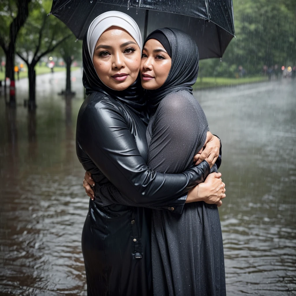 1 woman, 58 years old, adult Indonesian hijab, plump body, plump pussy, wet body, rainy atmosphere, heavy rain, in central park, full body, gravure idol, cold situation, hugging her body tightly