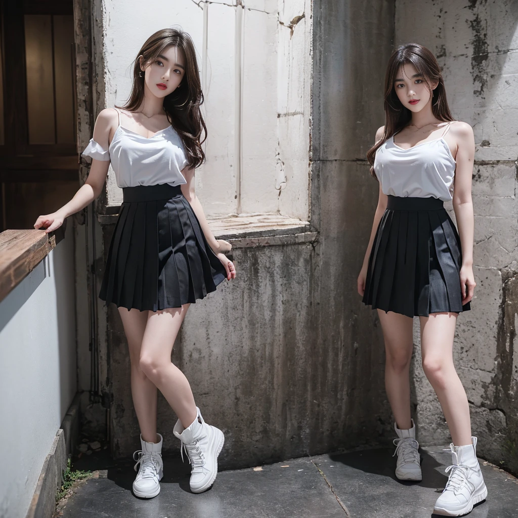 (Oversized T-shirt with excess fabric when tucked into a skirt), (Skirt full thigh), (knee-length outfit), (hair curled on both sides), (center shoes shot), ((full-body standing image)), (cover knee), (white t shirt), (Scottish pleated skirt), (bare shoulders), (bare arms), twinsies、The ultra-detailliert, (white t shirt), (cotton spaghetti-strap top), (cotton spaghetti-strap top), (cotton spaghetti-strap top), (cotton spaghetti-strap top), (long skirt), (A hem full flared skirt), (Hem full flared dress), (a girl pretty girl with perfect figure), (a photo of the night sky), (32K,1 20-year-old girl, The light from the rear room is backlit, Ray traching), (full body), (two-parted hair), (very thick hair), (Slender chest), (short upper chest), (pectoral muscles are large), (upper breasts are firm and round), (stand upright), (two shoe ends), (two shoe toes) ,(put on blush), (apply powder), (makeup), (standing), (asian girl princess), (Black non-reflective fabric for making skirt), (dark skirt), (thick thighs), (large calves), (large knees), (one-piece skirt), (seamless skirt), (long shins) , (big shins), (A hem full flared skirt), (Hem full flared dress), (A hem full flared skirt), (thighs meets knee), (black skirt), (black skirt), (black skirt), (black skirt), (knee gap), (knee gap), (knee gap), (Expose cleavage :1.3), (Scottish pleated midi skirt) (Super fine face and eyes), (Highly detailed face and skin texture, Detailed eyes, Double eyelid), (stading shot), (stading shot), , (Scottish pleated midi skirt), (Scottish pleated midi skirt), (knee-length outfit), (knee-length outfit), (knee-length outfit), (knee-length outfit), (Skirt full thigh), (Skirt full thigh), , (white sneakers), (a pair of white leather boots, highly detailed boots)