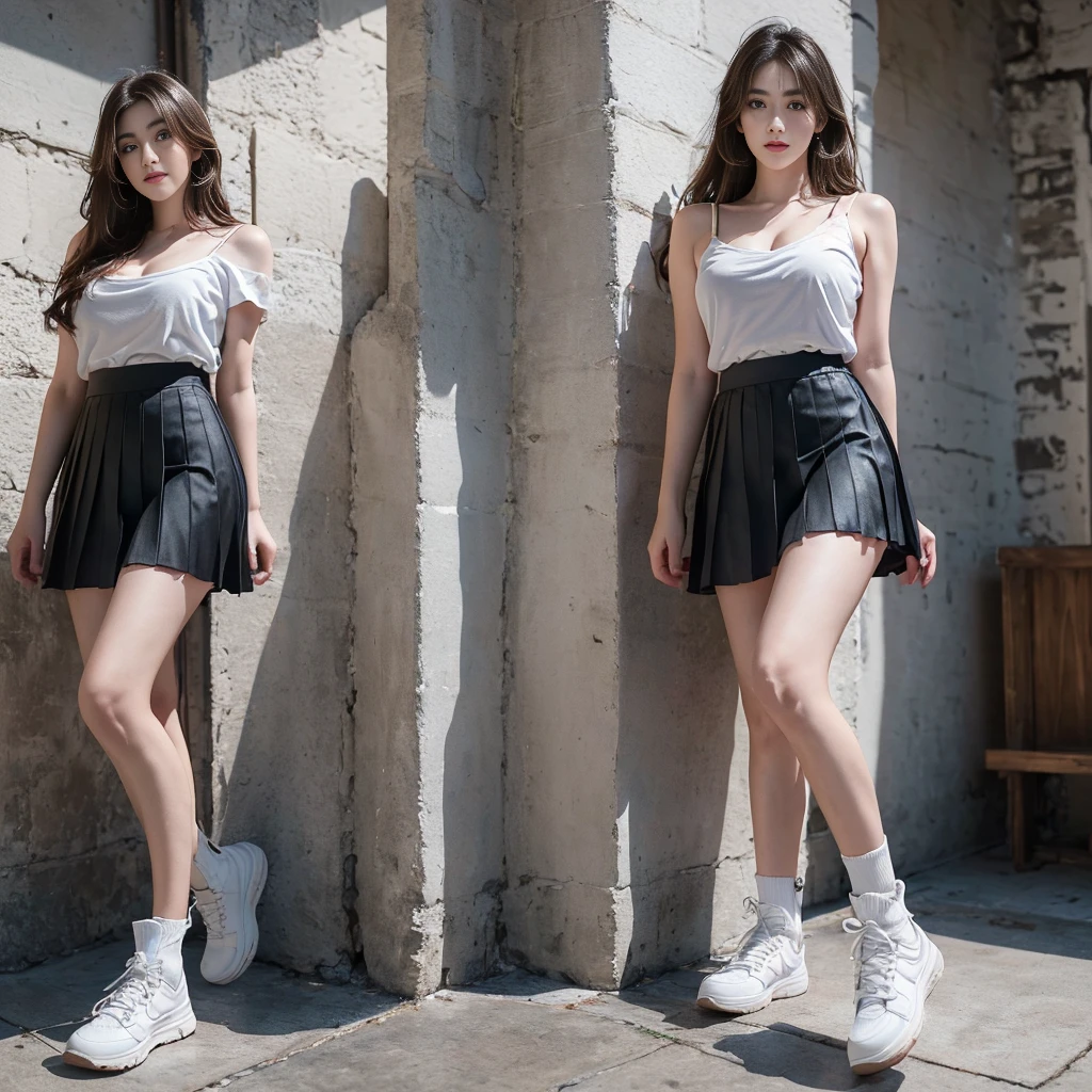 (Oversized T-shirt with excess fabric when tucked into a skirt), (Skirt full thigh), (knee-length outfit), (hair curled on both sides), (center shoes shot), ((full-body standing image)), (cover knee), (white t shirt), (Scottish pleated skirt), (bare shoulders), (bare arms), twinsies、The ultra-detailliert, (white t shirt), (cotton spaghetti-strap top), (cotton spaghetti-strap top), (cotton spaghetti-strap top), (cotton spaghetti-strap top), (long skirt), (A hem full flared skirt), (Hem full flared dress), (a girl pretty girl with perfect figure), (a photo of the night sky), (32K,1 20-year-old girl, The light from the rear room is backlit, Ray traching), (full body), (two-parted hair), (very thick hair), (Slender chest), (short upper chest), (pectoral muscles are large), (upper breasts are firm and round), (stand upright), (two shoe ends), (two shoe toes) ,(put on blush), (apply powder), (makeup), (standing), (asian girl princess), (Black non-reflective fabric for making skirt), (dark skirt), (thick thighs), (large calves), (large knees), (one-piece skirt), (seamless skirt), (long shins) , (big shins), (A hem full flared skirt), (Hem full flared dress), (A hem full flared skirt), (thighs meets knee), (black skirt), (black skirt), (black skirt), (black skirt), (knee gap), (knee gap), (knee gap), (Expose cleavage :1.3), (Scottish pleated midi skirt) (Super fine face and eyes), (Highly detailed face and skin texture, Detailed eyes, Double eyelid), (stading shot), (stading shot), , (Scottish pleated midi skirt), (Scottish pleated midi skirt), (knee-length outfit), (knee-length outfit), (knee-length outfit), (knee-length outfit), (Skirt full thigh), (Skirt full thigh), , (white sneakers), (a pair of white leather boots, highly detailed boots)
