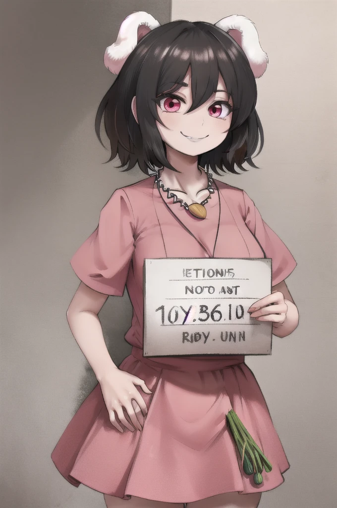 highres,  inaba tewi,  short hair, carrot necklace, short sleeves, pink dress, evil smile, holding sign, height chart,