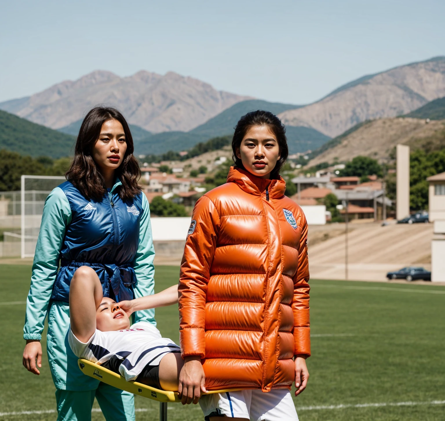 There are two madeup women carrying a stretcher, there is a woman in a wetlook laquered downcoat, a woman in a high-shine downcoat, there is a greyhaired woman in a red leather-suit, there is a man on a stretcher being carried by two very madeup women, there is a bearded soccer-player lying on a stretcher, there is a soccer-player on a stretcher with one hand over his face, a soccer-player is lying aon a stretcher and has put one hand over his face, football hooligans, injured, good graphic, warm sunshine, very professional, very sad, 2717433015, 3 4 5 3 1, 555400831, viral photo, photo shot, interesting composition, adventure playground accident, two women standing next to each other on a field, future inflatable jacket, [ realistic photo ]!!, still from a live action movie, kim hyun joo, realistic movie still, 2 d cg, inspired by Kim Tschang Yeul, inspired by Sim Sa-jeong, movie still 8 k, on a football field, high drama, photorealistic movie still, highlight