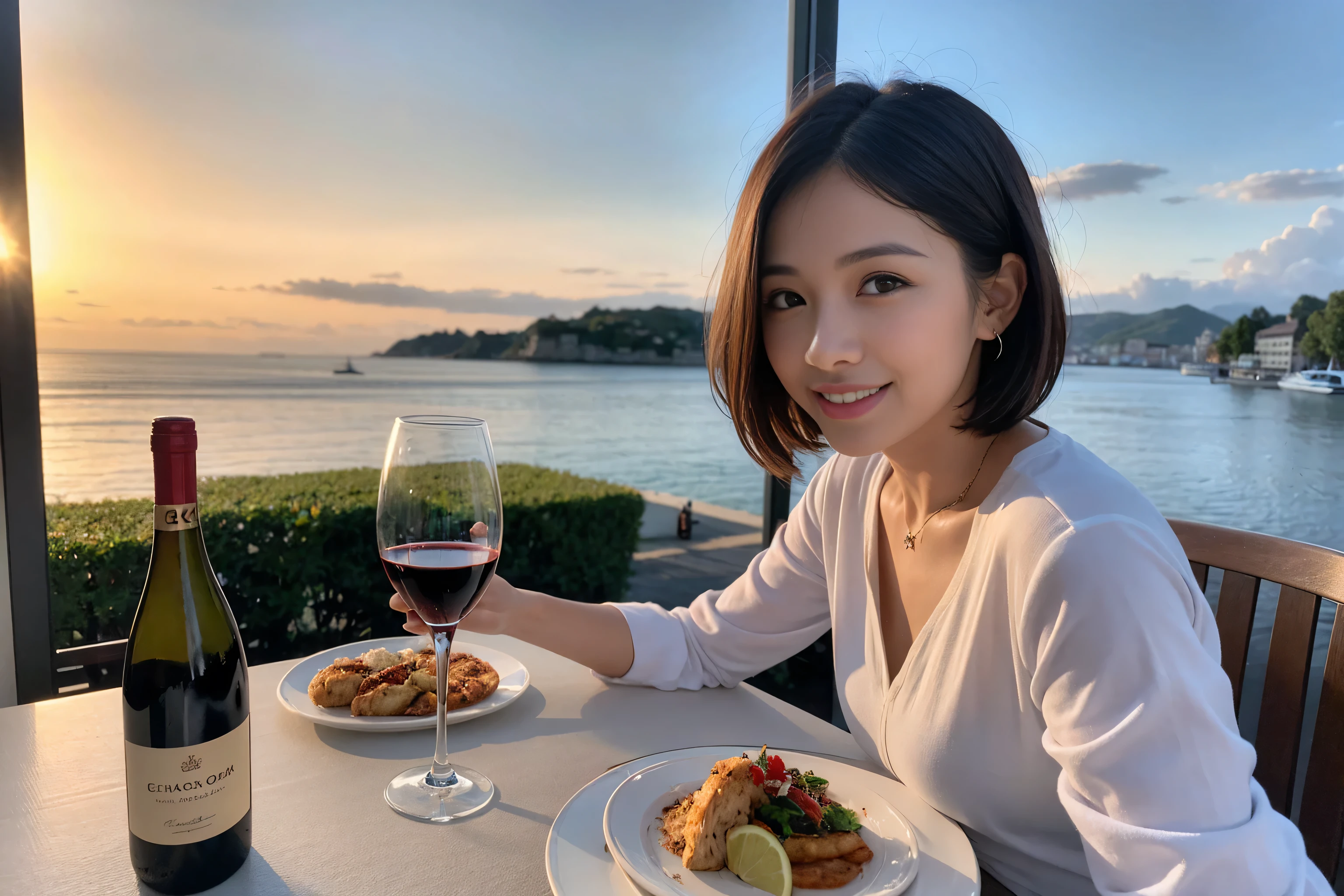 （Realistic:1.1）,(masterpiece,Highest quality)，8k,(44 years old), 42 years old, slimカップル、Model Couple、actress/actor、Tight waist,Upper Body,full-course dinner、wine 、Amazing view of the sunset sky and clouds、Perfect Anatomy, Brown Hair, short hair,Random Hairstyles,((Highly detailed face and eyes:1.2))(cute顔:1.4)，美しいactressの顔，Perfect golden ratio face，Long sleeve shirt、dress,(smile:1.2)、Shortcuts、cute、(Realistic, Intricate details:1.2), A bright smile、short hair,Bright Face、赤wine 、Appetizers、Italian food、wine bottle、Champagne、スパークリングwine、(slimな顔), (The body is slim), (Brown Hair), (Shortcuts),  Upper Body, 白wine, slim, wineグラス, 