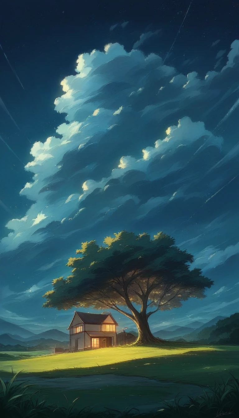a painting of a house in the middle of a field under a night sky, anime background, anime background art, beautiful anime scene, makoto shinkai cyril rolando, amazing wallpaper, anime art wallpaper 8k, anime art wallpaper 8,k, anime art wallpaper 8 k, anime sky, anime landscape wallpaper, beautiful anime scenery, anime scenery