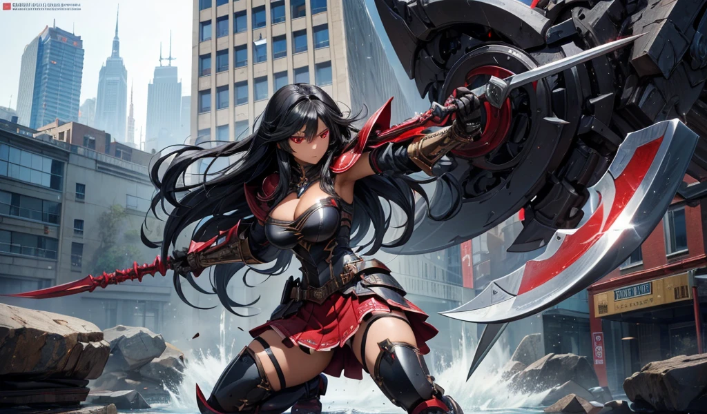 Beautiful woman with long black hair, dark skin, red eyes, black armor,cleavage,Iron skirt,Bare Legs,iron boots,((best quality)), ((masterpiece)), (detailed:1.4), Anime style,Wield a giant axe,City