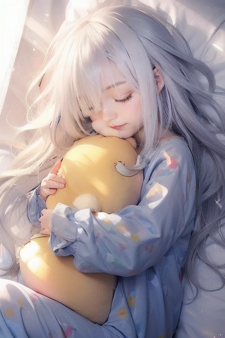 Illustrate a cute girl with long, white hair sleeping peacefully while hugging a pillow, wearing cozy pajamas, and surrounded by a soft, glowing light.