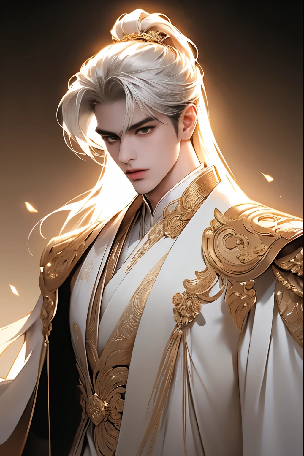 Chinese men,upperbody closeup,white hair on shoulders,(Whole-body proportions)proportions are correct,Face details,(glowing light eyes),Handsome face,High ponytail hairstyle,(white color hair)Neck details,gold shell,detailed,long white robe,white and gold robes,clothes details,surrender,longer sleeves,Game quality,Light and shadow tracking,ray traycing,detailed glow,cg render,hair detail,(White is long hair),,Handsome face,Clothing is complicated,Perfectcomposition,Refinement,high high quality,More detailed,A lot of detail,The background is complex,a sense of atmosphere,solid black background,high high quality,(with a pure white background)
