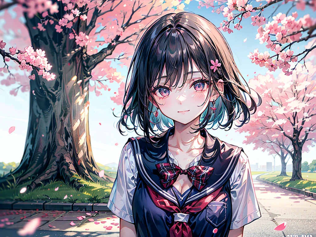 (Best quality, 8k, 32k, Masterpiece, UHD,:1.2),RAW, 2girls,ultra cute , natural lighting,transparent shining eyes, 20yo,medium breast ,fair complexion ,flushed face,dynamic Lighting,Under the cherry blossoms,ateenage girl looks up atthe tree with aserene expression, her eyes reflecting the joy of past days and the sadness oftimes that will never return.The scene is set during the peak o fcherry blossom season, with petals gently falling around her, symbolizing the fleeting nature of time and memories,((school uniform)), short and medium hair, Cleavage, Side braid, shy smiling