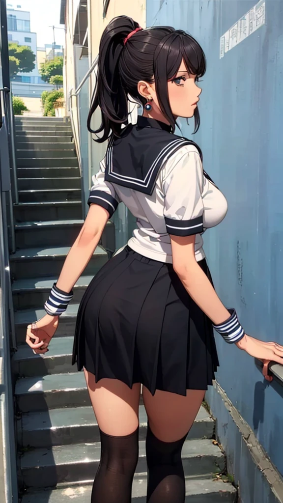 (((highest quality, High resolution, , Pixel Perfect, 4K))),((Correct Anatomy))、((Sailor suit))、(((School stairs))), ((Low angle from behind)),((highest quality)), ((Complex and detailed)), ((Black knee-high socks)), ((Mini Pleated Skirt))、An absurd solution, Mature Woman, Mature Woman, perspective, Very detailed,(((Full Body Shot)))、Great style、(Long Hair)、glamorous、Sailor suit、mini skirt、black tights、(((The whole body is visible))), One Woman, ((ponytail)), Perfect hands, Detailed fingers, Beautiful details,  Black choker, Earrings, Black Stockings, Perfect Eyes, Seductive eyes