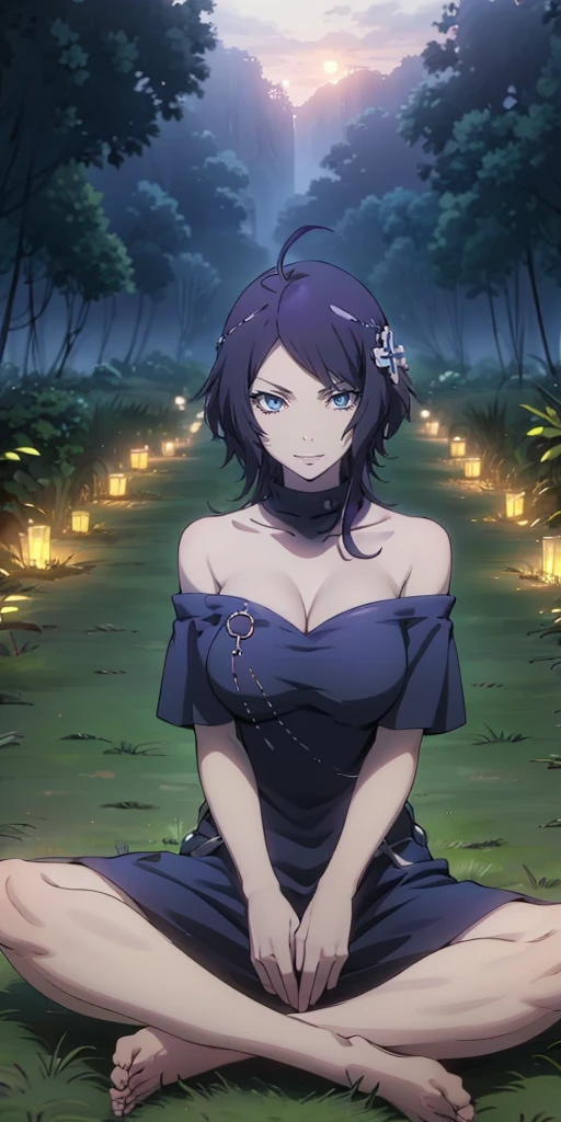 MC, ahoge, (long hari, purple hair:1.3), hair ornament, dark-blue eyes, breasts, epic art, fantasy, 1girl, grass, solo, barefoot, sitting, breasts, mountain, sunset, dress, bare_shoulders, outdoors, looking_at_viewer, off_shoulder, field, sky, lake, collarbone, mountainous_horizon, cloudy sky, indian_style, twilight, tree, black_dress, large_breasts, scenery, medium_breasts, feet, off-shoulder_dress, (bokeh:1.3), rock, hollow eyes, bright pupils, dark-blue eyes, looking at viewer. (glowing eyes:1.3), heavy breathing, smirk, upper teeth,
