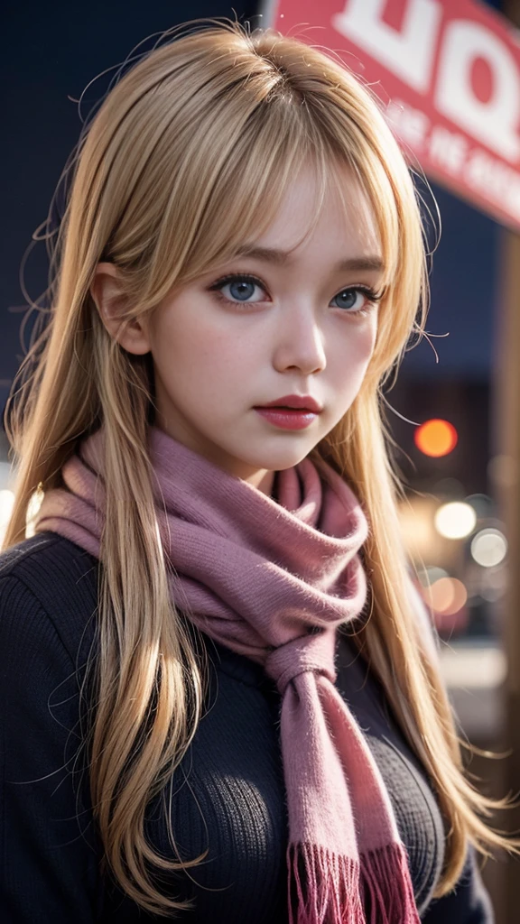 One girl, Ahoge, bangs, Blonde Hair, Throw kiss, blue eyes, blue scarf, brown scarf, Cleavage, Mouth closed, eyelash, face, Floating Hair, Hair between the eyes, heart, lips, lipstick, Long Hair, View Viewer, compensate, night null, nose, Close one eye, orange scarf, pink lips, pink scarf, Portraiture, Purple eyes, Realistic, red lips, red scarf, scarf, sign, 笑face, alone, null間, spoken heart, star (null), starry null, Upper Body, watermark, Yang Xiao Long, yellow scarf