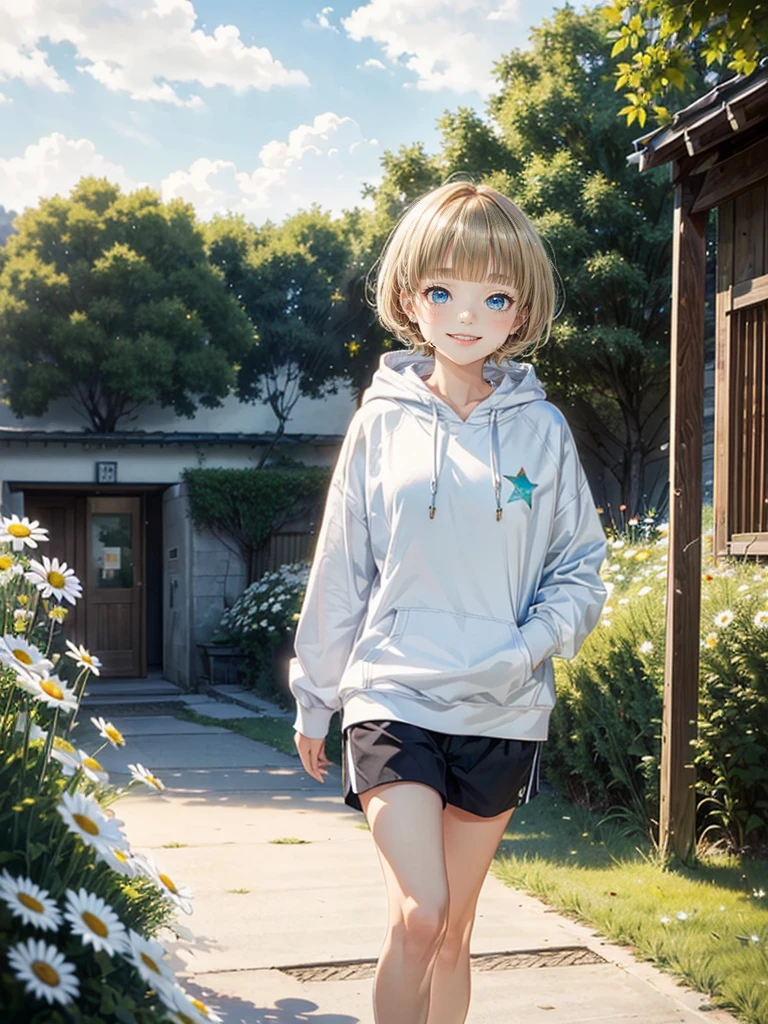 (highest quality),High resolution,(Realistic:1.37),Portraiture,Garden Girl,Beautiful fine details,Detailed lips,Vibrant colors,(A kind smile:1.4),(Girl walking in town),(Nostalgic atmosphere) ,(short hair),(Low blonde hair, The town is surrounded by mysterious boundaries,Cool morning clouds are calm and peaceful, Quietly leads you to a sea of memories,Walk through a field of daisies,wood々Gentle sunlightが差し込む,The beauty of tears, Like multicolored glass, Carried by the autumn breeze,Someday it will be full of fallen leaves,Gentle sunlight,Gentle Breeze,Delicate flowers,Butterflies fluttering,Calm and peaceful atmosphere,Captivating natural beauty,Whispering leaves,Subtle scent of summer grass,Whispers of happiness,Shining Star Fragment,Fleeting moments wrapped in eternity,Blonde Hair、Short Mash Hair、Turquoise Eyes、White hoodie、Black hot pants、Black sneakers