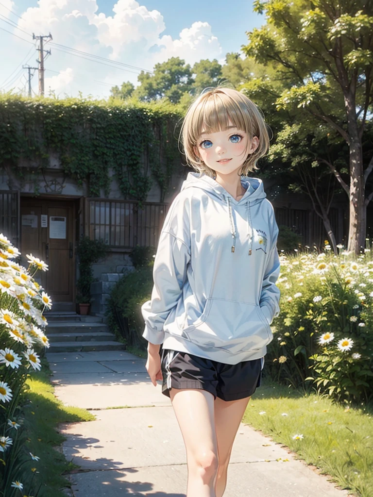 (highest quality),High resolution,(Realistic:1.37),Portraiture,Garden Girl,Beautiful fine details,Detailed lips,Vibrant colors,(A kind smile:1.4),(Girl walking in town),(Nostalgic atmosphere) ,(short hair),(Low blonde hair, The town is surrounded by mysterious boundaries,Cool morning clouds are calm and peaceful, Quietly leads you to a sea of memories,Walk through a field of daisies,wood々Gentle sunlightが差し込む,The beauty of tears, Like multicolored glass, Carried by the autumn breeze,Someday it will be full of fallen leaves,Gentle sunlight,Gentle Breeze,Delicate flowers,Butterflies fluttering,Calm and peaceful atmosphere,Captivating natural beauty,Whispering leaves,Subtle scent of summer grass,Whispers of happiness,Shining Star Fragment,Fleeting moments wrapped in eternity,Blonde Hair、Short Mash Hair、Turquoise Eyes、White hoodie、Black hot pants、Black sneakers