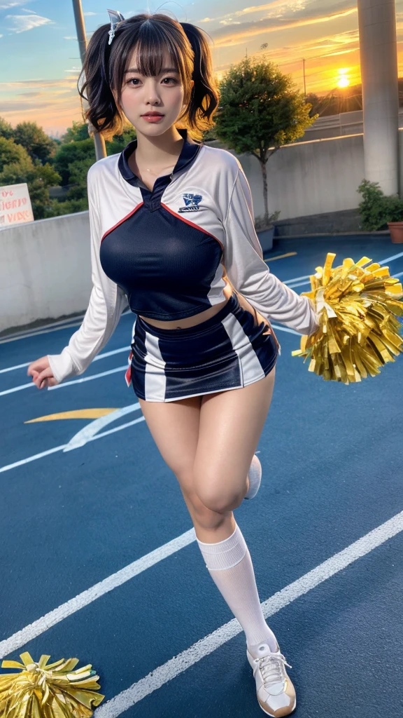 masterpiece, best quality, illustration, Super detailed, fine details, High resolution, 8K,wall paper, perfect dynamic composition,(Details High quality, realistic depiction of eyes:1.3), short hair, (wavy hair:1.2), (cheer girl:1.5),(a miniskirt), pony tail hair, ,  black hair color, Big Natural Color Lip, bold  pose, crying a little、Harajuku style、20 year old girl、cute type、lolita、beautiful legs, hotel room, full body photo、focus on , hposing Gravure Idol,  shot looking at camera, Sunset, by the window, Summer, knee sox, make up, Curve