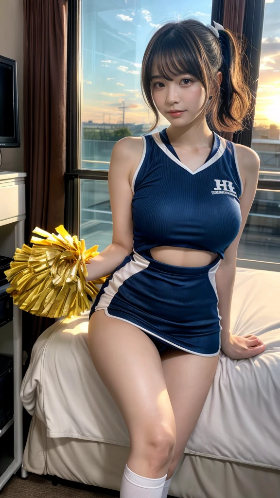 masterpiece, best quality, illustration, Super detailed, fine details, High resolution, 8K,wall paper, perfect dynamic composition,(Details High quality, realistic depiction of eyes:1.3), short hair, (wavy hair:1.2), (cheer girl:1.5),(a miniskirt), pony tail hair, huge breasts, black hair color, Big Natural Color Lip, bold sexy pose, crying a little、Harajuku style、20 year old girl、cute type、ta、beautiful legs, hotel room, full body photo、focus on crotch, hposing Gravure Idol, Sexy shot looking at camera, Sunset, by the window, Summer, knee sox, make up, Curve