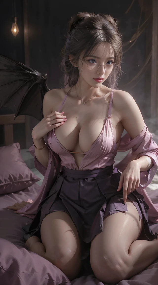 Dark style、Succubus、Devil's Daughter、Bat Wings，(((Demon Hornlack-rimmed round glasses))))、(((Colossal tits)))、(Devil's Tail),（Woman lying on bed）1 girl, Silver hair, striated hair, Bangs, Blunt bangs, Long hair, Pink hair, aqua eyes, longeyelashes, Purple eyes, makeup, Smile, Parted lips, Realism, Verism, surrealism, depth of fields, One-person viewpoint, retinas, masutepiece, ccurate, Anatomically correct, Textured skin,（Coarse short sweater）Floats off the shoulders、off shoulderlack tight skirt（（Full Body Angle））、stick out buttocks）、（shapely breasts,)、((sexypose)))、(camel's toe), tongue、Vaginal orchids、Runny Vaginal Discharge、Blowing tide、Very beautiful breasts、Grasp your breasts with both hands、sexual excitement、 Expressions、shinny skin。realisitic、(Kpop Idol)、Medium Hair、(Pink blush)、(illuminating)、(solo)、dynamicposes、((erectile nipple))、(Puffy eyes:1.２)、 (Slim legs)、erotick