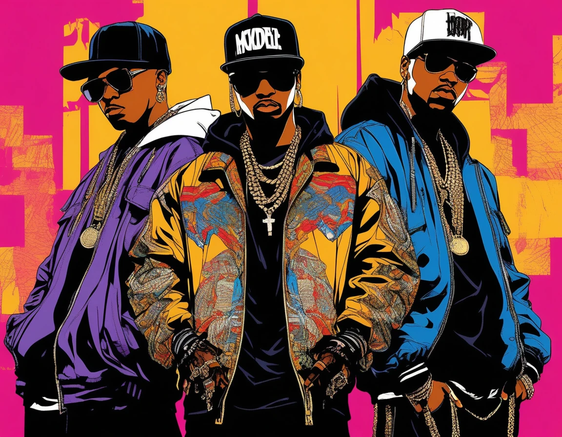 (masterpiece:1.2, highest quality), (Live Action, Intricate details),Hip Hop Style.Group of 3