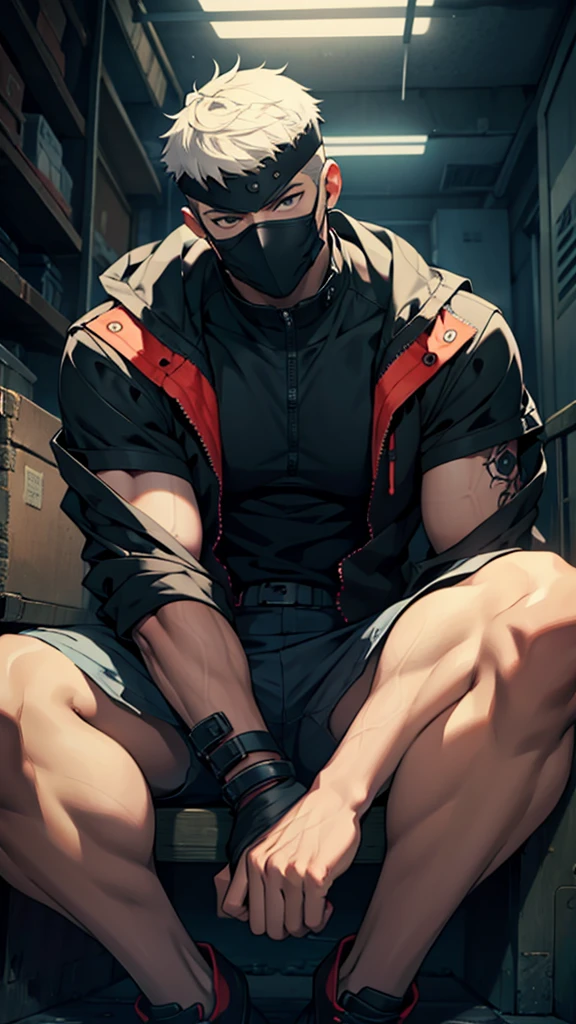 A man, short hair, sitting seriously, mask on his face, dark anime style