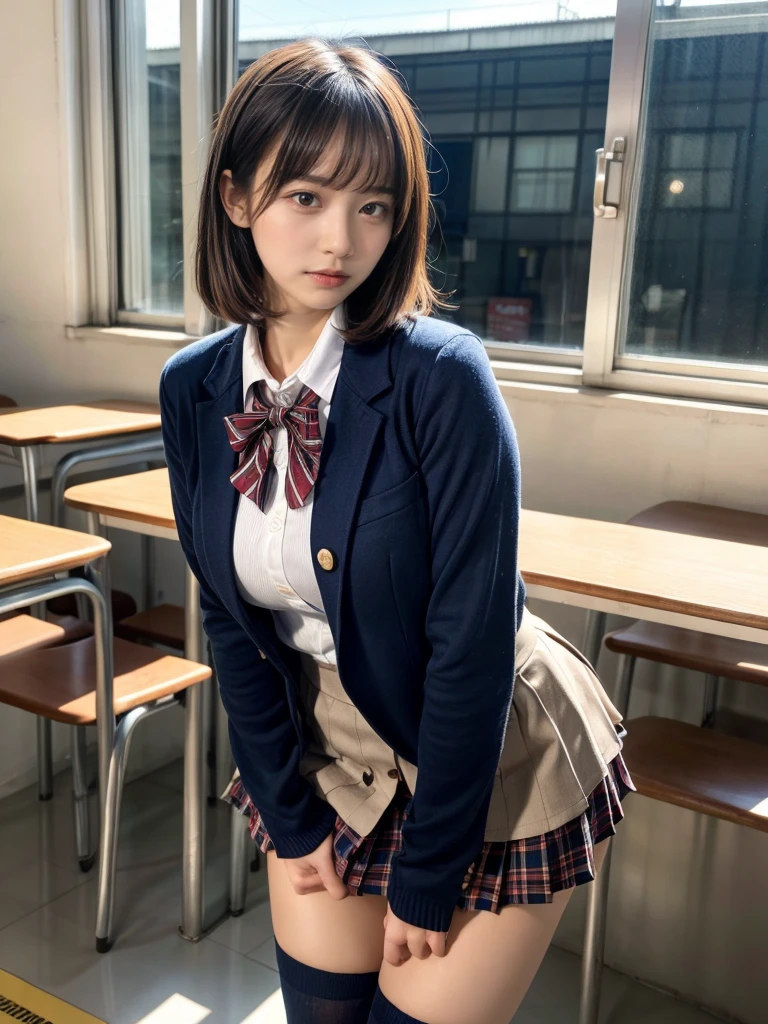 masterpiece, best quality, illustration, Super detailed, fine details, High resolution, 8K,wall paper, perfect dynamic composition,(Details High quality, realistic depiction of eyes:1.3), (2 girls, 2 schoolgirls:1.2), from side, High School Classroom、High school girl uniform、blazer 、Super Short Check Uniform Skirt、Navy blue high socks、garterbelts、Colossal tits、Disturbed uniform,  short bob hair, black hair color, huge breasts, Big Natural Color Lip, bold sexy pose, (perfect body shape), crying a little、 Harajuku style、20 year old girl、 beautiful legs, hposing Gravure Idol, Voluptuous thighs