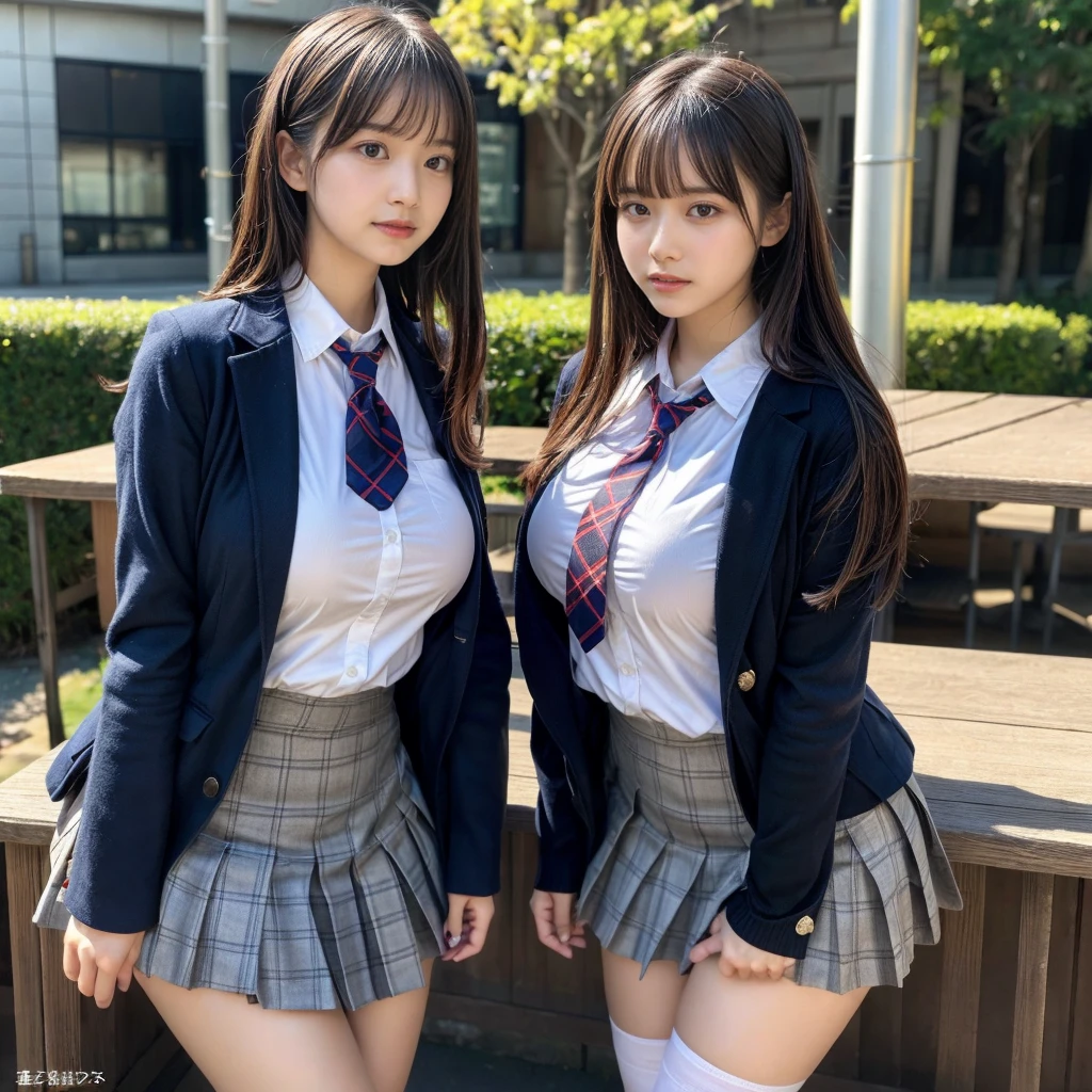 masterpiece, best quality, illustration, Super detailed, fine details, High resolution, 8K,wall paper, perfect dynamic composition,(Details High quality, realistic depiction of eyes:1.3), (2 girls, 2 schoolgirls:1.2), from side, High School Classroom、High school girl uniform、blazer 、Super Short Check Uniform Skirt、Navy blue high socks、garterbelts、Colossal tits、Disturbed uniform, short bob hair, black hair color, huge breasts, Big Natural Color Lip, bold sexy pose, (perfect body shape), crying a little、 Harajuku style、20 year old girl、 beautiful legs, hposing Gravure Idol, Voluptuous thighs