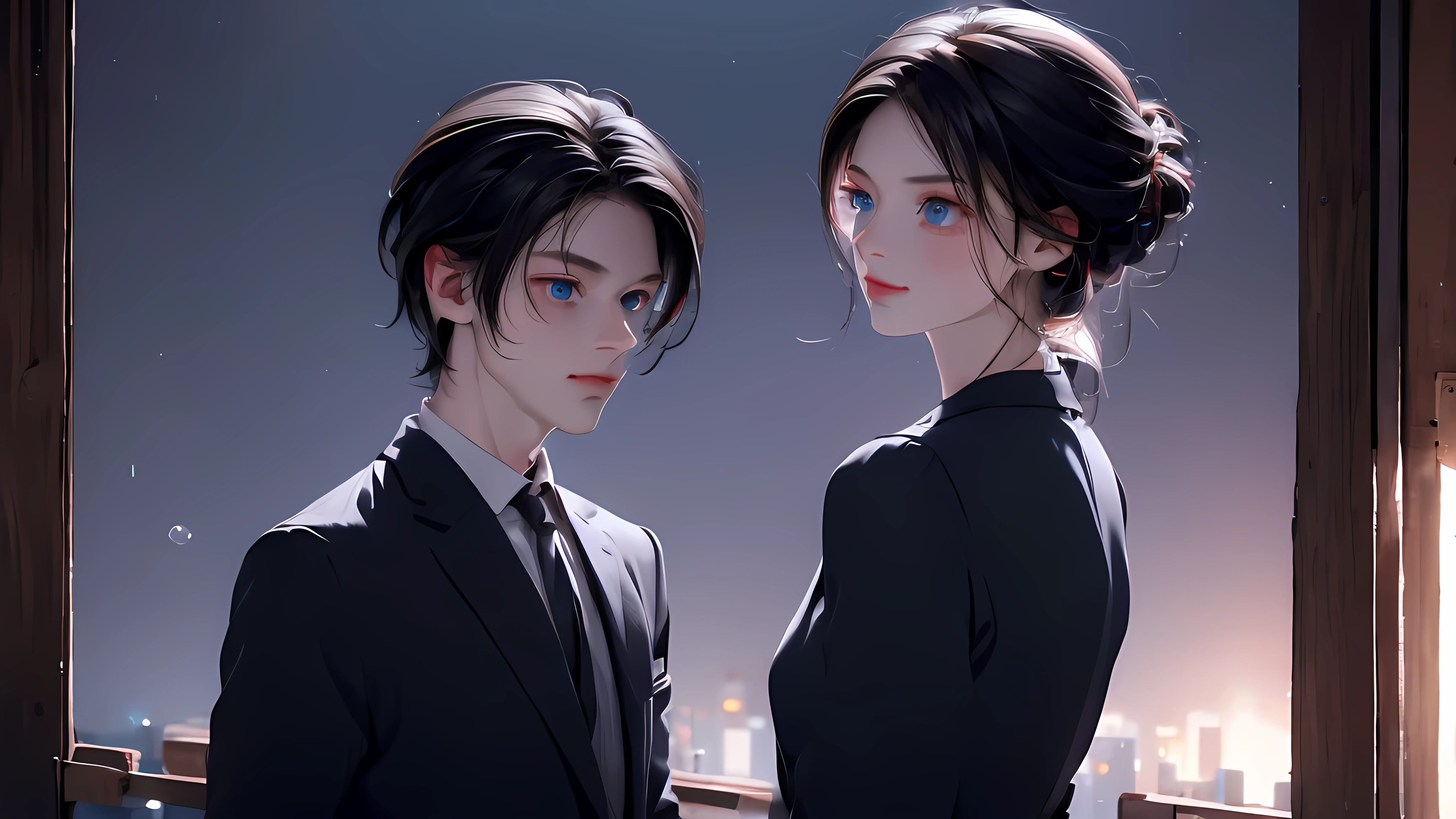 1 Boy&girl, medium light black hair, light blue eyes, wearing black suit, night city, 18+ , high res, ultrasharp, 8K, masterpiece, looking from behind