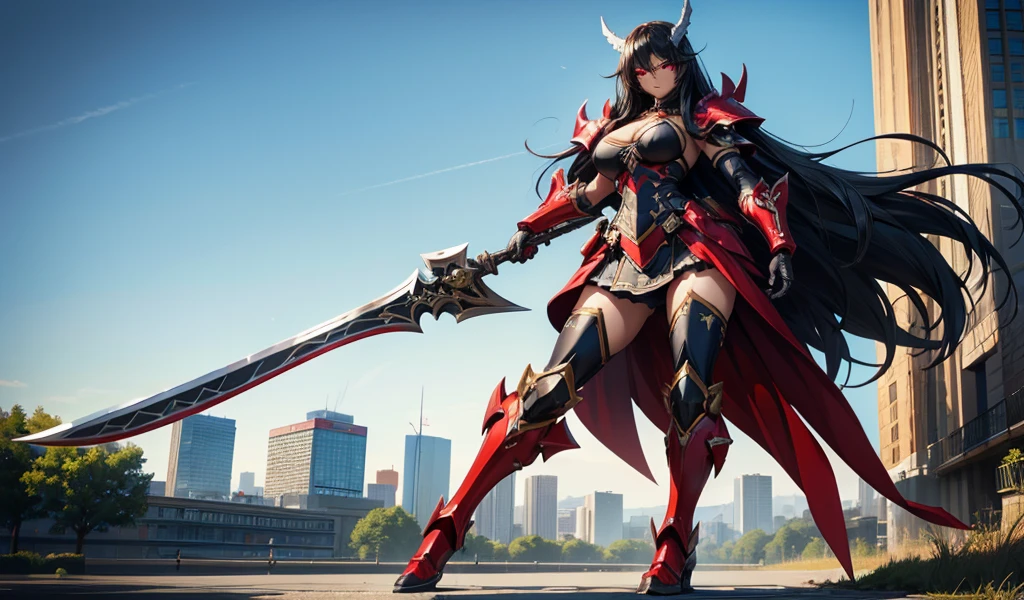 Cleavage of adult woman with long black hair, Red eyes and dark skin,helmet,Black Armor,long skirt,,ax,flame,City