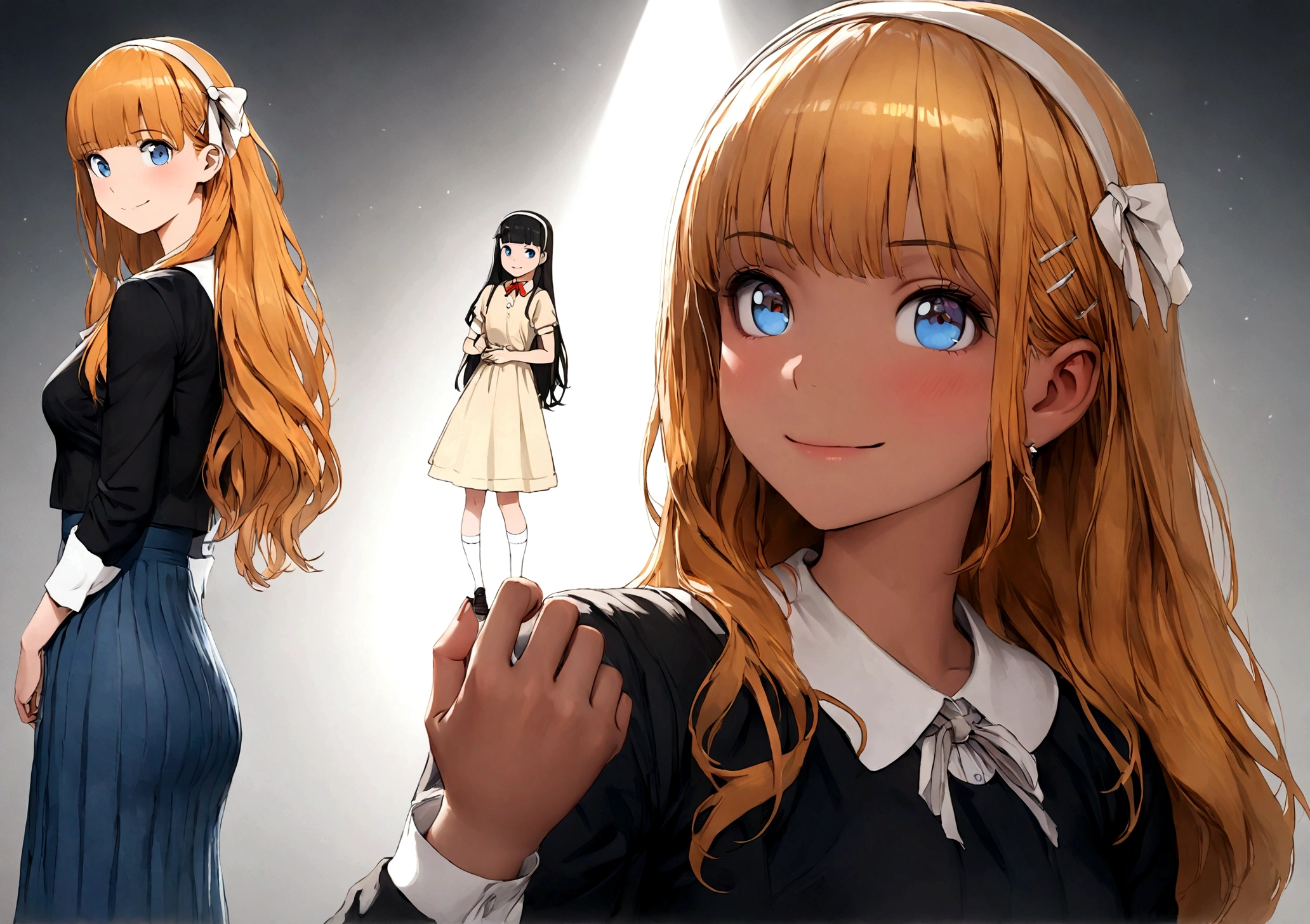 anime, chibe, (((Top quality, 4k, 8k, high resolution, masterpiece: 1.2))), (super detailed), (realistic), (photorealistic), (photorealistic: 1.37), (HDR, UHD), (studio (lighting)), ultra-fine drawing, sharp focus, physically based rendering, highly detailed, professional, vibrant colors, perfect ditaile hand, highly detailed realistic eyes, anime, cartoon, 5girls, multiple girls,(1girl: Dark skin, jeans, shirt, modern fashion wear），（orange hair, hairband, white hairband, blue eyes, long skirt, socks, smile）