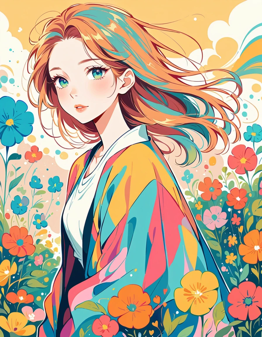 Kamijo collar style、The most beautiful girl of all time、Lips in Love、Colorful flowers、Simple line initials、Abstract art、Urban Background, walking