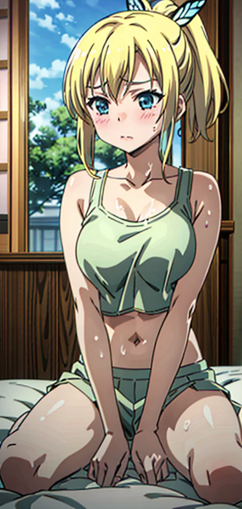 Seina Kashiwazaki, 1girl in, a blond, ponytail, butterfly hair ornament, (medium breast),( cropped tank top), blush , midriff, sitting, after sex, cum, cum on her breasts 