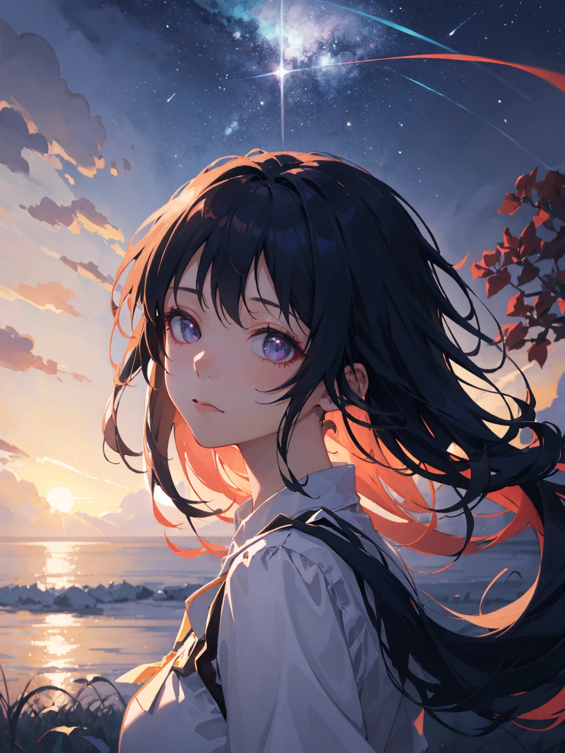 1 girl, eye, close up, beautiful night sky, meteor shower, beyond the clouds, water surrounded, reflections, wide angels, breathtaking clouds, wide angle, by makoto shinkai, thomas kinkade, james gilleard, by holosomnialandscape, hdr, volumetric lighting, ray tracing, an intricate, high details, very detailed, deviantart, 4k vertical wallpaper,, colorful, airy, anime illustration, anime nature wallpaper