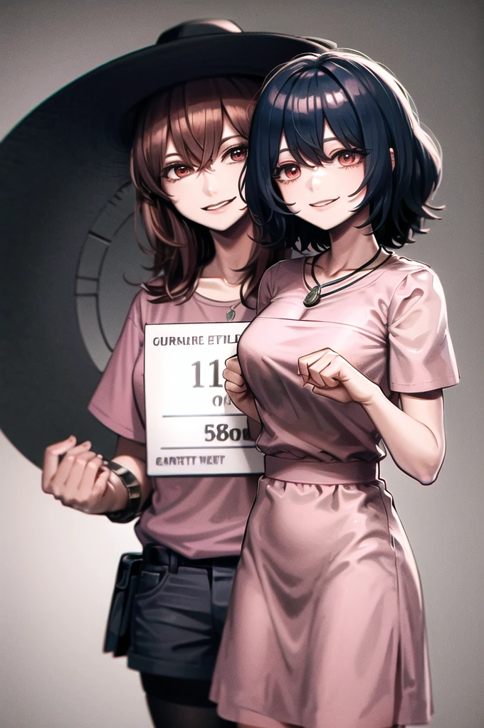 highres, inaba tewi, short hair, carrot necklace, short sleeves, pink dress, evil smile, holding sign, height chart,