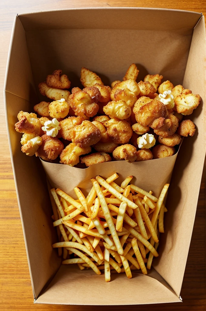 Create an appetizing image of crispy chicken popcorn and French fries in a takeout box. The crispy chicken popcorn should be golden brown and bite-sized, resembling popcorn in shape and size. The French fries should be thin-cut and also golden brown, adding to the visual appeal. The presentation should be vibrant and tempting, with the food arranged neatly in the box to showcase both the chicken popcorn and fries."