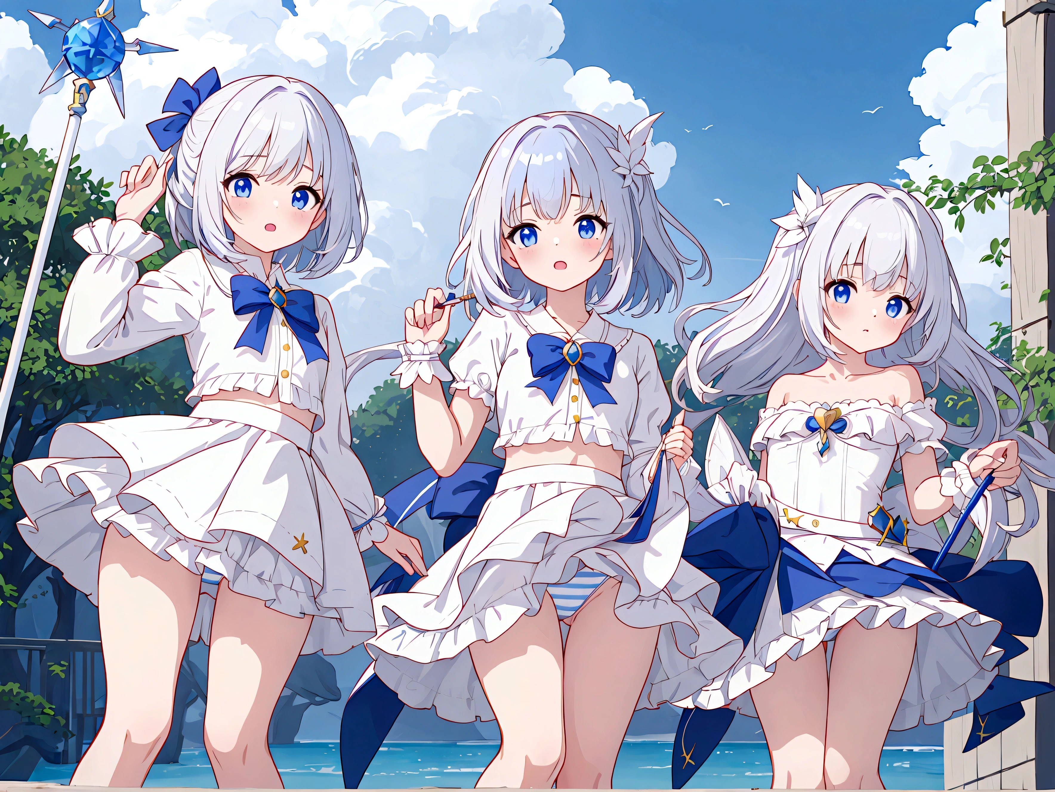 Plain white with emphasis on the chestTshirt、You can see the chest from the neck、Ultramarine and white striped mini skirt、When you lift up her skirt you can see her cute white frilly underwear.、barefoot、library、Three girls of different heights Magical girl with magic wand、Wind and water magic