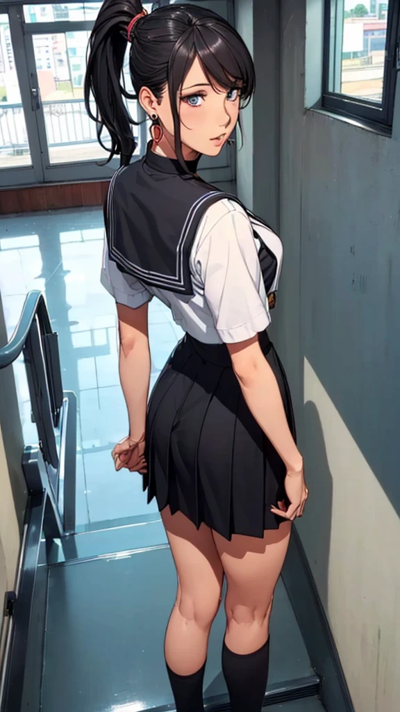 (((highest quality, High resolution, , Pixel Perfect, 4K))),((Correct Anatomy))、((Sailor suit))、(((School stairs))), ((Low angle from behind)),((highest quality)), ((Complex and detailed)), ((Black knee-high socks)), ((Mini Pleated Skirt))、An absurd solution, Mature Woman, Mature Woman, perspective, Very detailed,(((Full Body Shot)))、Great style、(Long Hair)、glamorous、Sailor suit、mini skirt、black tights、(((The whole body is visible))), One Woman, ((ponytail)), Perfect hands, Detailed fingers, Beautiful details,  Black choker, Earrings, Black Stockings, Perfect Eyes, Seductive eyes