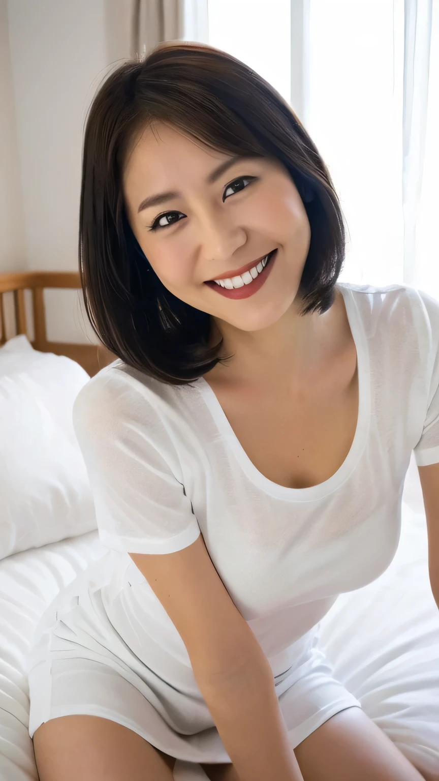 White tight t-shirt、White tight mini skirt、bed、smile、Short sleeve、High resolution、Japanese、double eyelid、White teeth、Medium Hair、Black Hair,45 years old,E cup breasts,Big Breasts