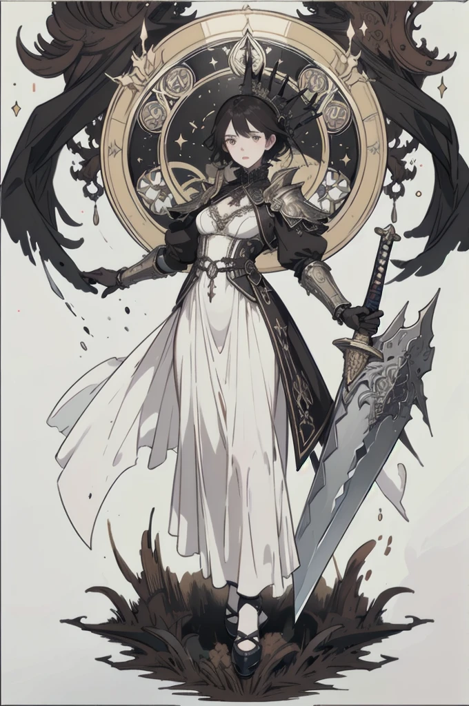((highest quality)), ((masterpiece)), (detailed), Perfect Face ((highest quality)), ((masterpiece)), (detailed), blank White Background, Plain background, White Background, Inspired by Bloodborne, occult aesthetic, occult, detailed and intricate steampunk and detailed gothic, (zenTangle, Mandala, Tangle, enTangle), Browsing Caution, Very dramatic and cinematic lighting, Space horror, dark, Side light, Perfect Face, A beautiful goddess worshipped in armor, Fluttering lace flared short dress、Comes with a ruffled petticoat, Inspired by Bloodborne , occult aesthetic , occult , detailed and intricate steampunk and detailed gothic , Brandishing a sword、Hold a shield, Browsing Caution, beautiful Small breasts, Small breasts, full body, whole body, body, Plain background, White Background, Blank Background, No background, White Background Browsing Caution, full body, whole body, Head to Toe