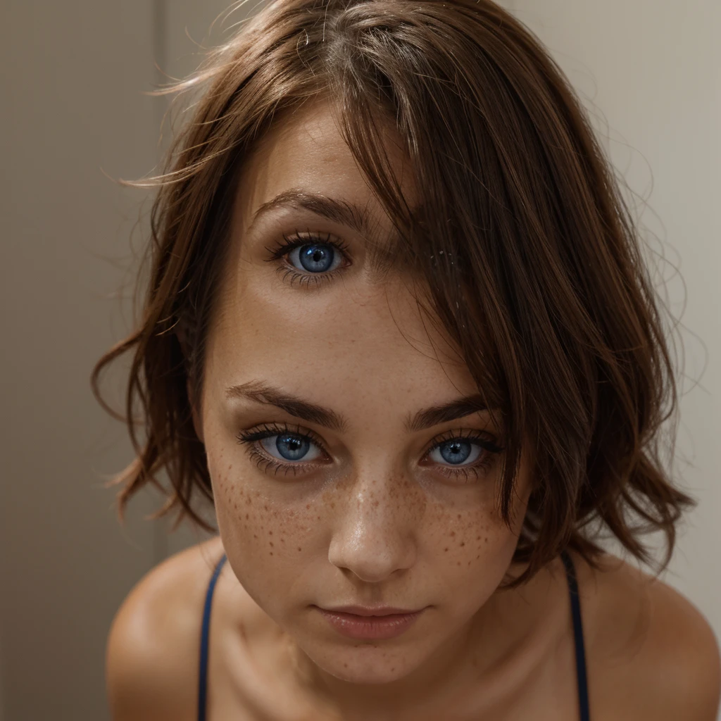Femme brune , yeux bleu , poitrine, vergetures sur les fesses , taille , nez fin , freckle, nue