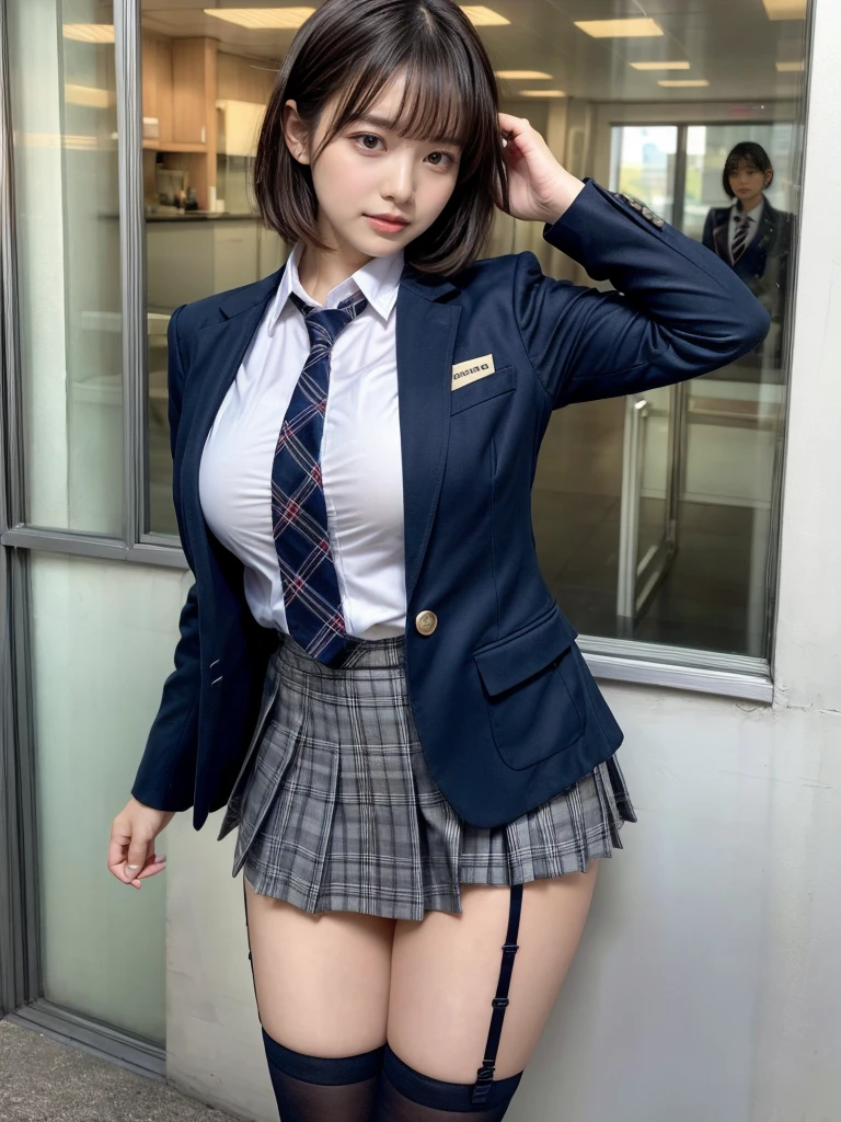 masterpiece, best quality, illustration, Super detailed, fine details, High resolution, 8K,wall paper, perfect dynamic composition,(Details High quality, realistic depiction of eyes:1.3), (2 girls, 2 schoolgirls:1.2), from side, High School Classroom、High school girl uniform、blazer 、Super Short Check Uniform Skirt、Navy blue high socks、garterbelts、Colossal tits、Disturbed uniform,  short bob hair, black hair color, huge breasts, Big Natural Color Lip, bold sexy pose, (perfect body shape), crying a little、 Harajuku style、20 year old girl、 beautiful legs, hposing Gravure Idol, Voluptuous thighs