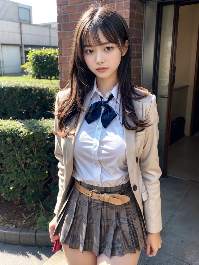 One Woman、((Standing wearing a blazer and miniskirt school uniform))、Primary school students,((small breasts)),Highest quality、Very delicate and beautiful、((Very short bangs))、((Bangs))、明るいつやのある茶色の髪のHighest quality、Very delicate and beautiful、((Very short bangs))、((blunt bangs))、Light shiny brown hair、The hair is light、((Short Bob))、Cute face、Young face、Cute like an idol、Are thin、Slim figure、slender、Short、 body type、((The background is the elementary school yard.))、Thighs、belly button、Photographed from the front、bag、
