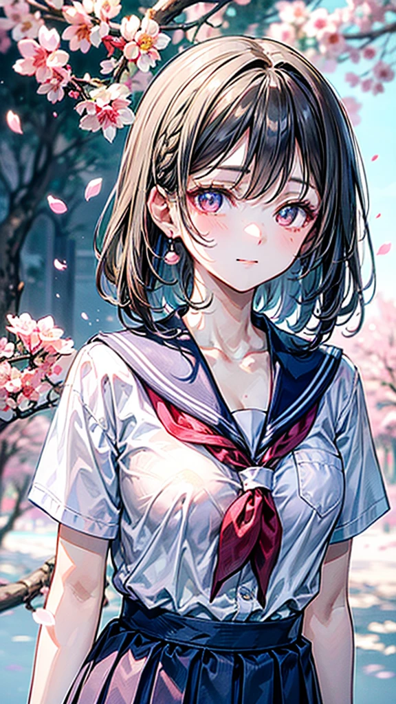 (Best quality, 8k, 32k, Masterpiece, UHD,:1.2),RAW, 2girls,ultra cute , natural lighting,transparent shining eyes, 20yo,medium breast ,fair complexion ,flushed face,dynamic Lighting,Under the cherry blossoms,ateenage girl looks up atthe tree with aserene expression, her eyes reflecting the joy of past days and the sadness oftimes that will never return.The scene is set during the peak o fcherry blossom season, with petals gently falling around her, symbolizing the fleeting nature of time and memories,((school uniform)), medium hair, Cleavage, Side braid