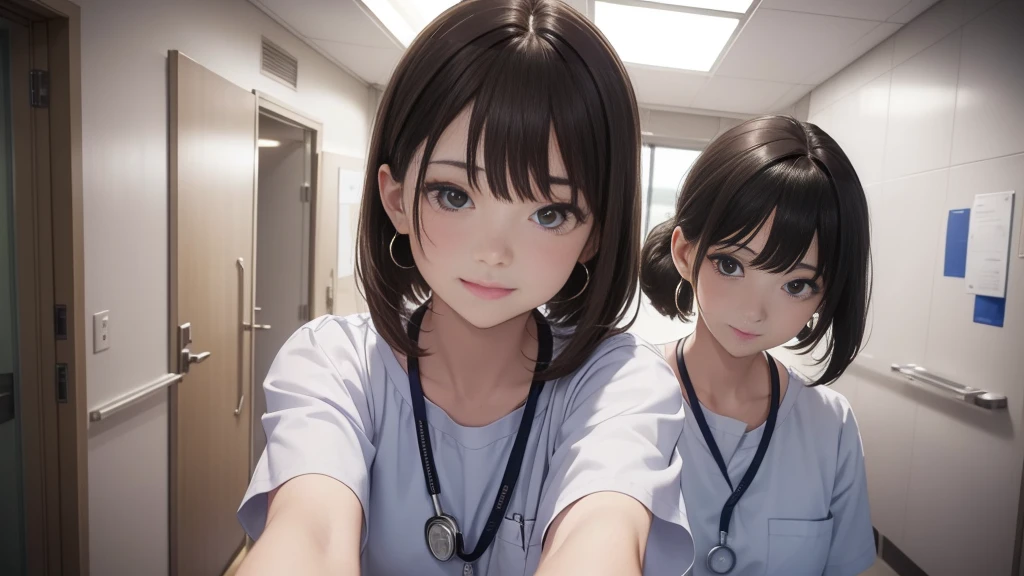 Only one female, (Looking down), (From below), (Peeking from behind the dividing curtain), Health care workers, (Nurse uniform), Mature Woman, /(Dark brown hair/) bangs, A kind smile, (masterpiece highest quality:1.2) Delicate illustrations, super detailed, Big Break (Hospital room) indoor, (Bright white ceiling:1.2), (view from bed:1.2), Detailed Background、、Laugh together、Dynamic poselip、cheek(Dark Brown Hair/)bangs、cheek(direction)、(最高masterpiece1.2)Delicate illustration with great detail、Break Blue Sky、Detailed Background、20-year-old women、whole bodyが写る、A shy smile、Through clenched teeth、Through clenched teeth、lip、cheek(Flat Color: 0.8)、(masterpiece: 1,2)、(masterpiece: 1,2)、High resolution、Ultra high definition、highest quality、High resolution、Ultra-thin illustration、Makoto Shinkai style、Your name is style、Short Bob、necklace、Earrings、Dynamic pose、Selfie、whole body、Brown Hair、Hair Bun、ponytail･Hair Bunー