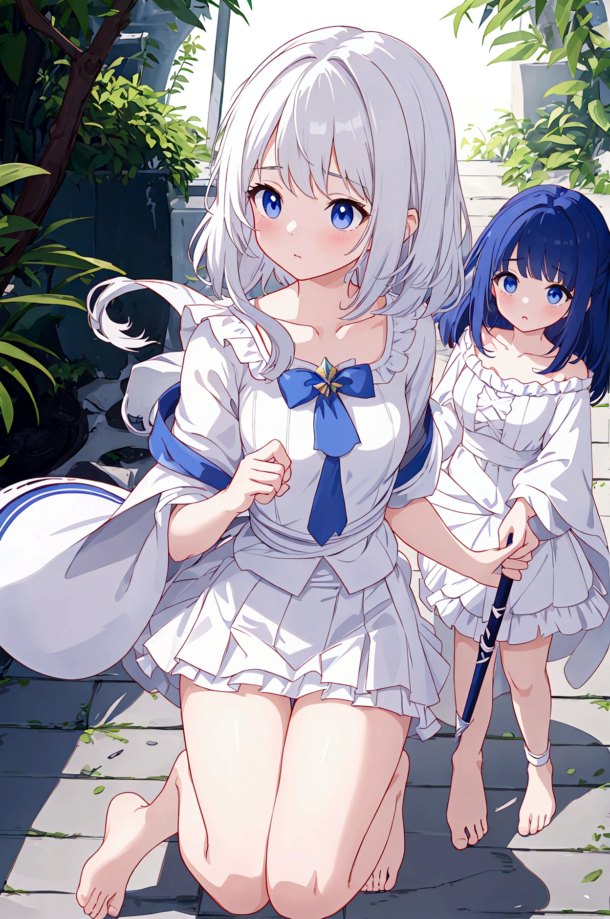 Plain white with emphasis on the chestＴshirt、You can see the chest from the neck、Ultramarine and white striped mini skirt、When you lift up her skirt you can see her cute white frilly underwear.、barefoot、library、Three girls of different heights Magical girl with magic wand、Wind and water magic、Black Magic Robe