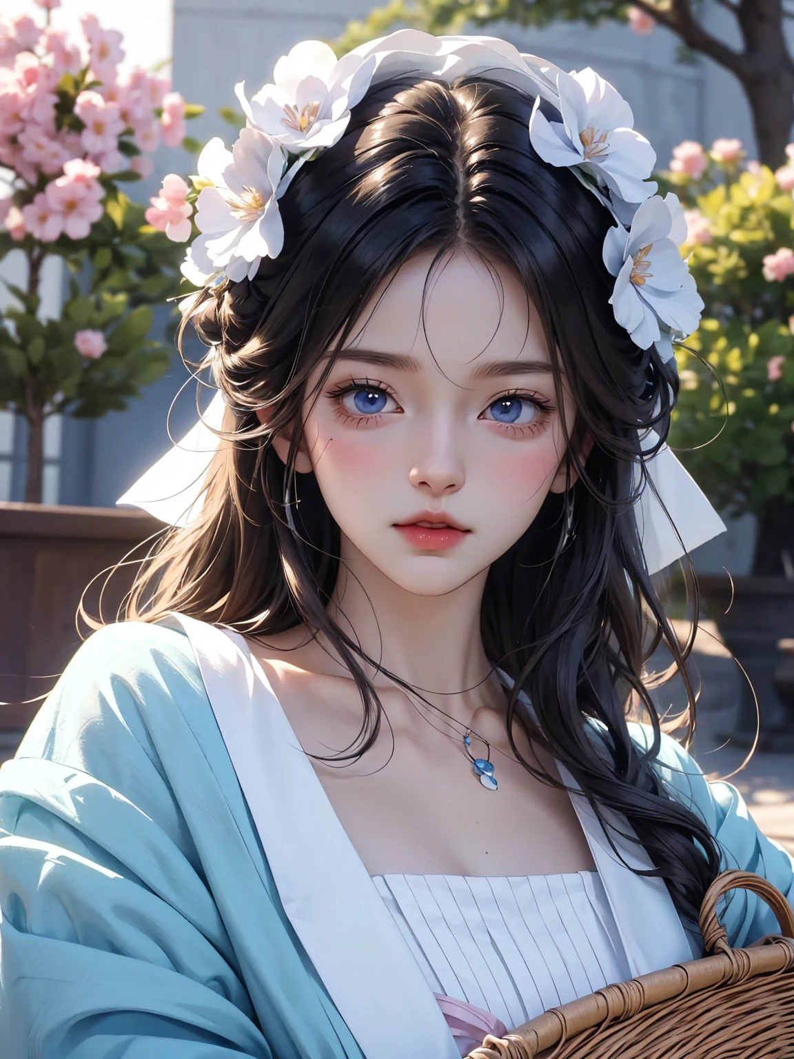 There was a girl with a basket of flowers on her head,Gorgeous and fashionable light blue clothes， Realistic anime 3D style, Realistic animation girl render, 3D animation realistic, Anime styled 3d,  Rendering a cute 3D anime girl, Realistic animation, surreal anime, Anime realism style, Anime style. 16K