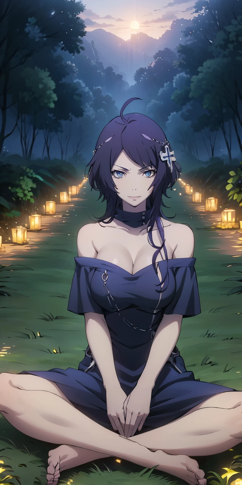 MC, ahoge, (long hari, purple hair:1.3), hair ornament, dark-blue eyes, breasts, epic art, fantasy, 1girl, grass, solo, barefoot, sitting, breasts, mountain, sunset, dress, bare_shoulders, outdoors, looking_at_viewer, off_shoulder, field, sky, lake, collarbone, mountainous_horizon, cloudy sky, indian_style, twilight, tree, black_dress, large_breasts, scenery, medium_breasts, feet, off-shoulder_dress, (bokeh:1.3), rock, hollow eyes, bright pupils, dark-blue eyes, looking at viewer. (glowing eyes:1.3), heavy breathing, smirk, upper teeth,
