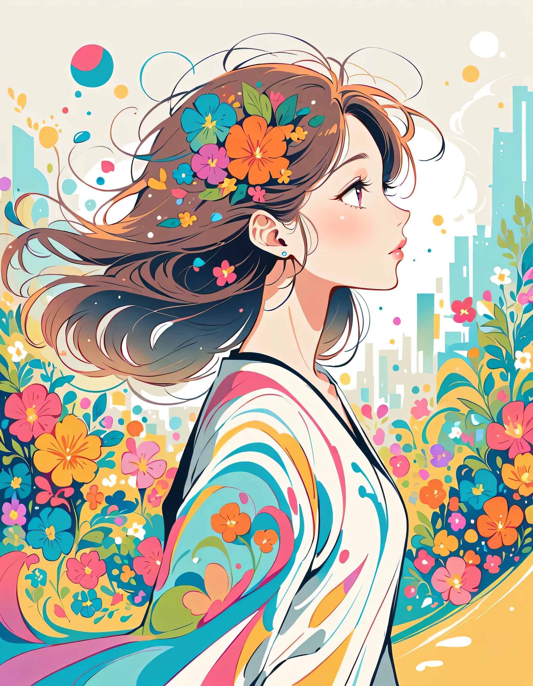 Kamijo collar style、The most beautiful girl of all time、Lips in Love、Colorful flowers、Simple line initials、Abstract art、Urban Background, walking